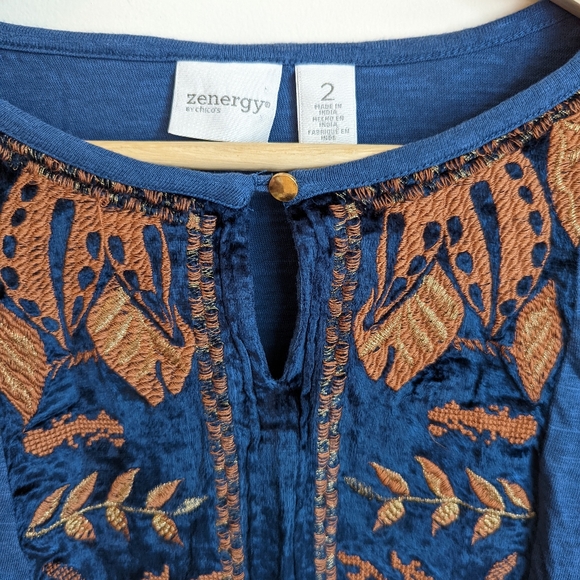 Chico's Blue and Bronze Embroidered Long Sleeve Top - Picture 2 of 3